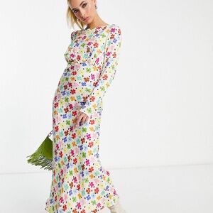 ASOS DESIGN cut out back detail satin midi dress in floral jacquard